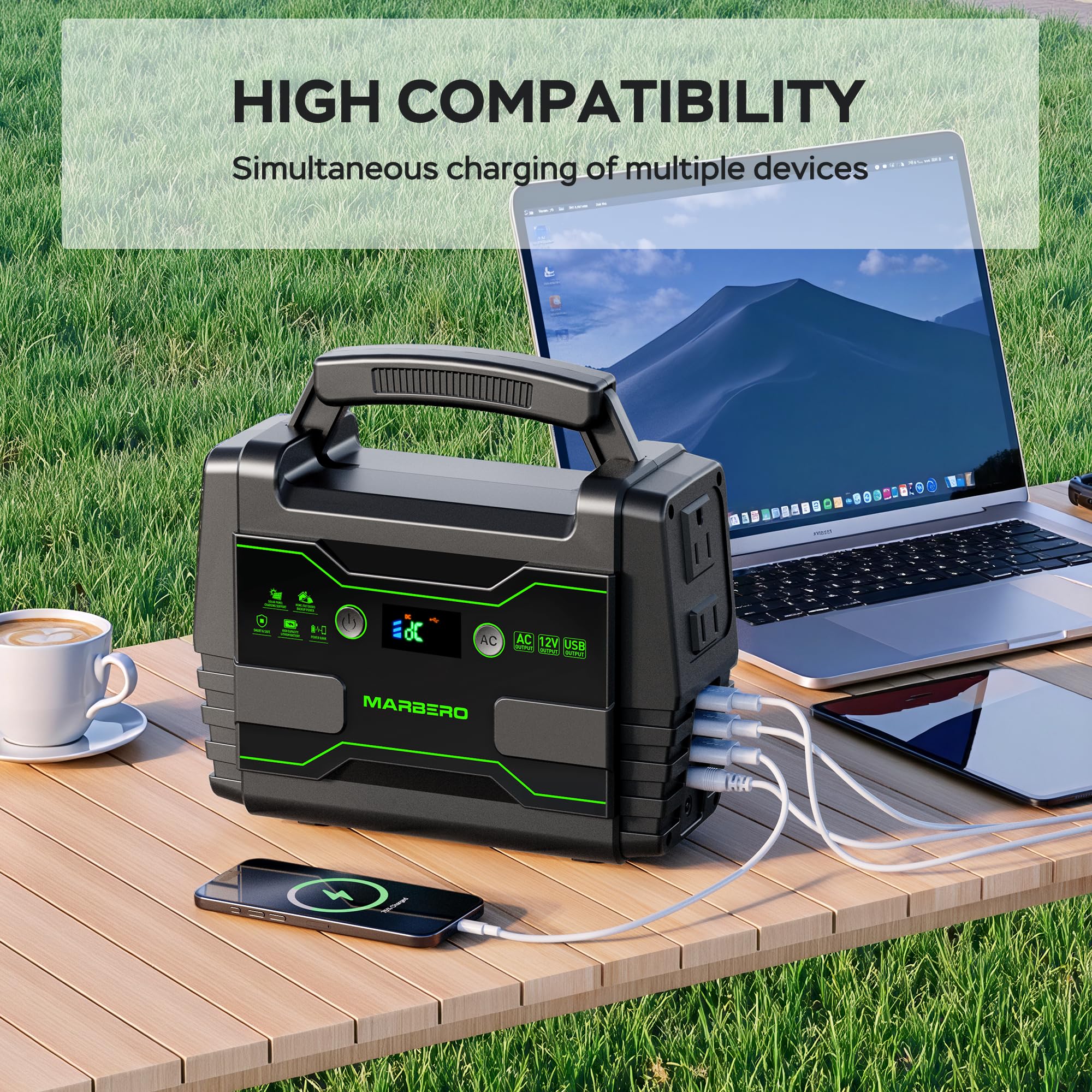 MARBERO M155 alimentando luces en camping, energía confiable al aire libre