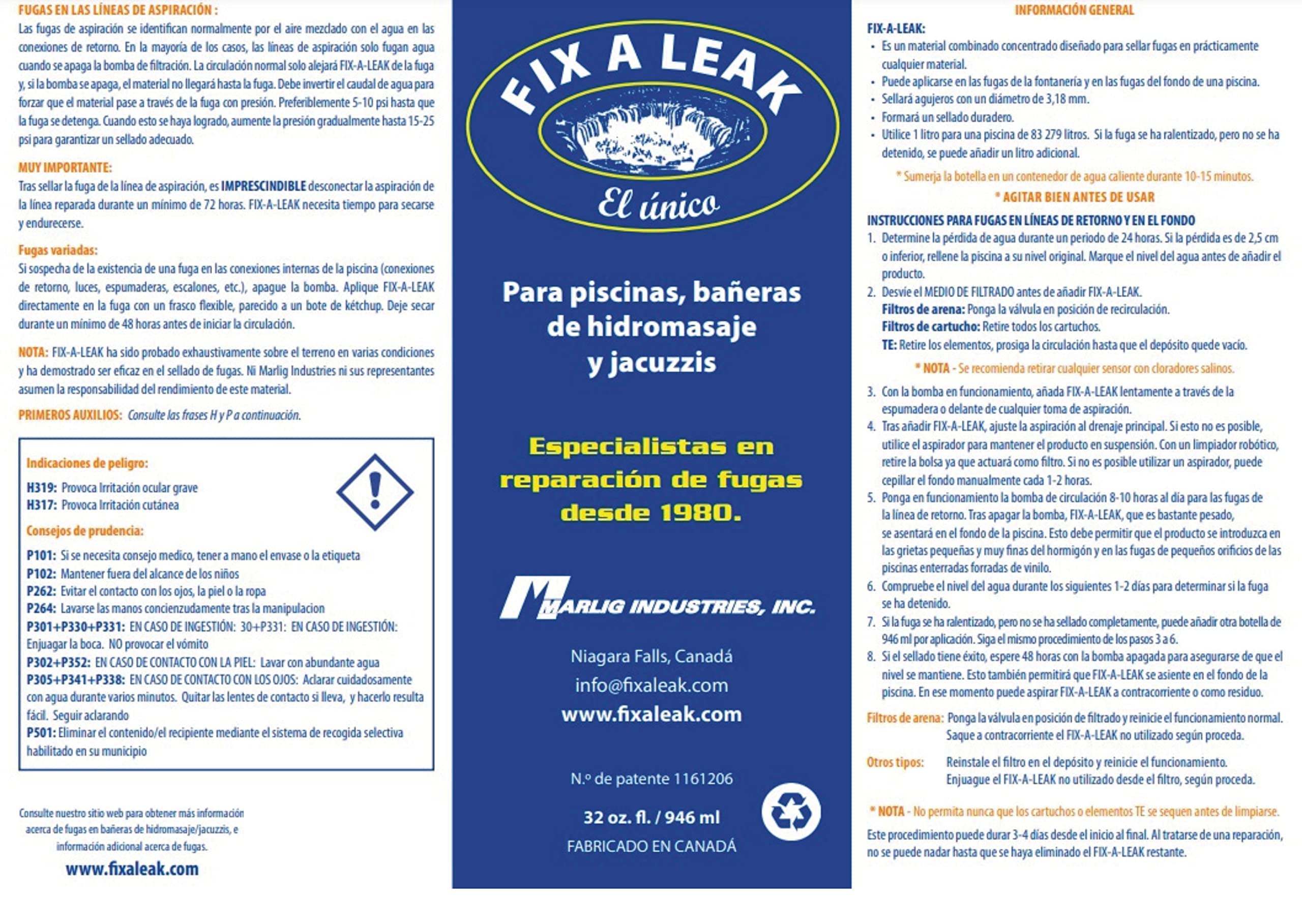 Marlig Fix-A-Leak en uso vertido en skimmer de piscina para sellar fuga