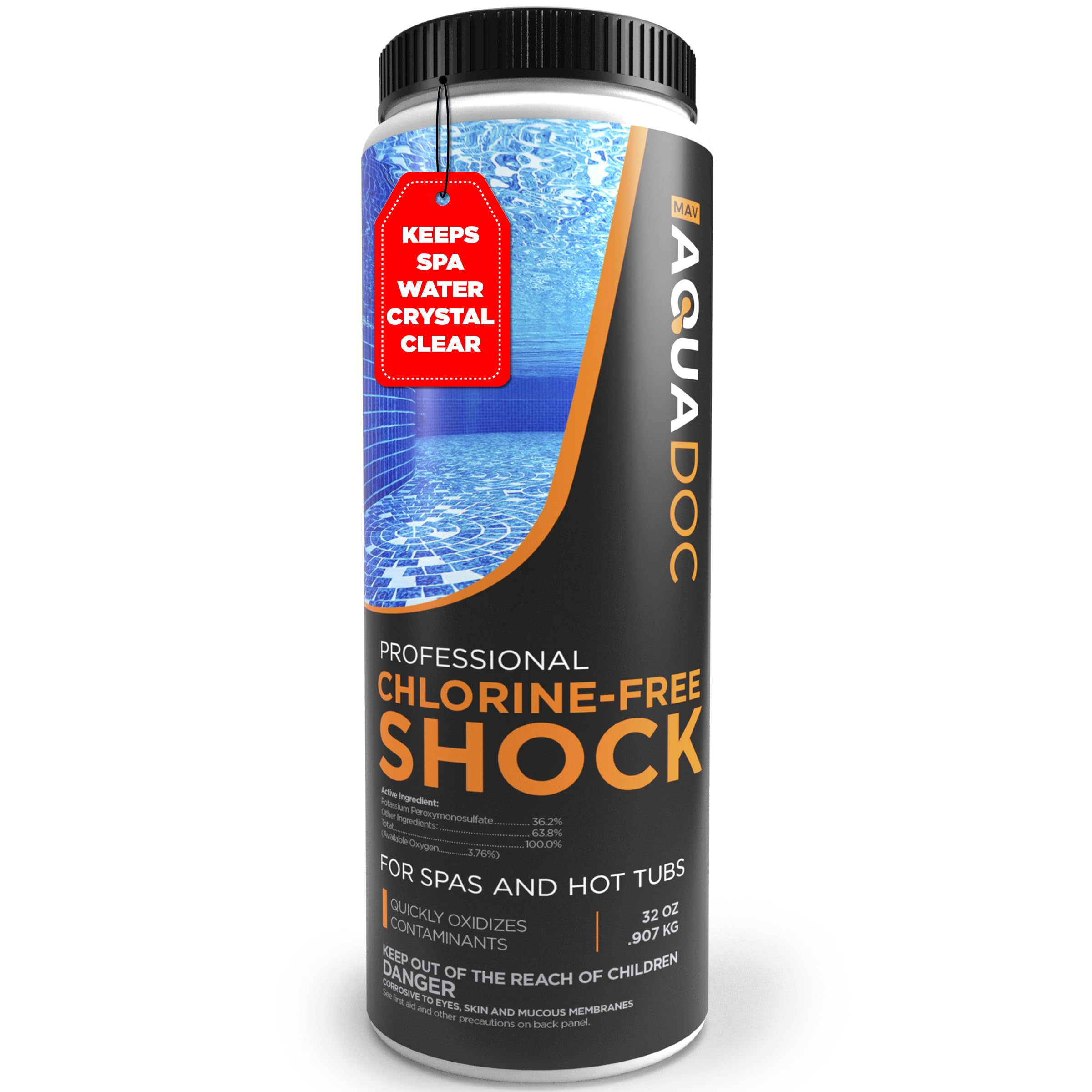 MAV AquaDoc frasco 32oz frontal mostrando envase y etiqueta, claridad rápida