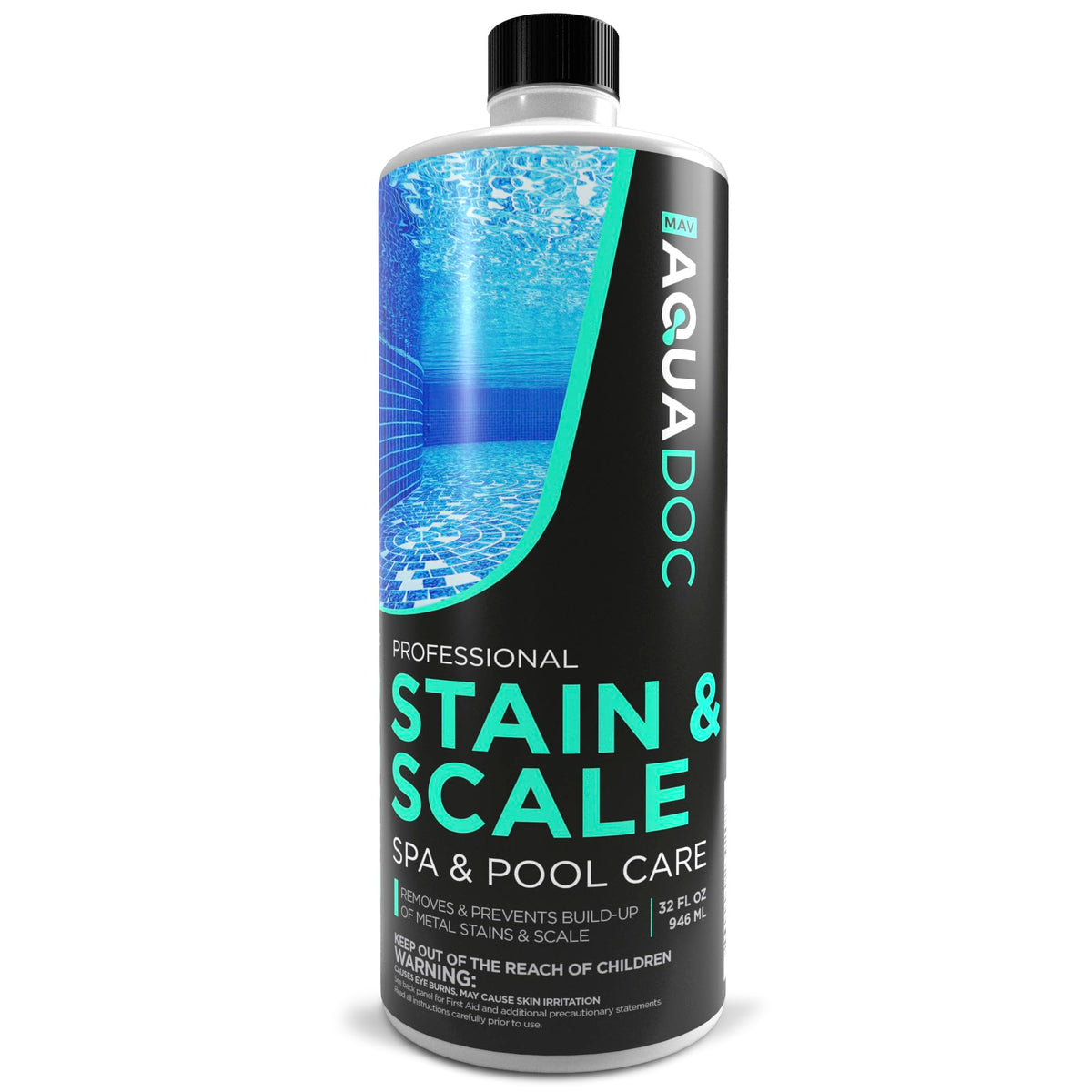 MAV AquaDoc botella frontal 32 oz muestra presentación y protección del spa