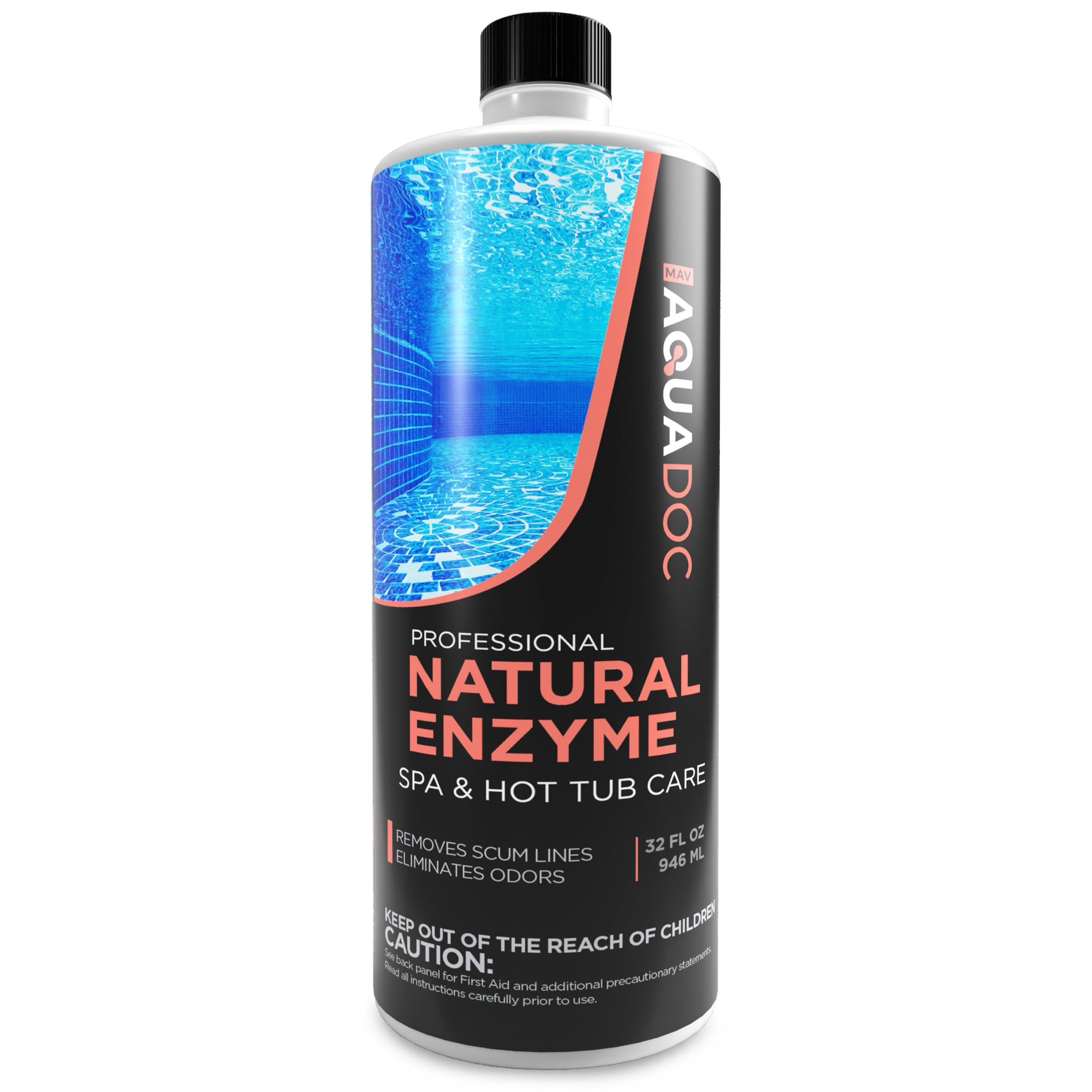 MAV AquaDoc bote frontal 32 oz mostrando etiqueta clara y beneficio limpieza rápida