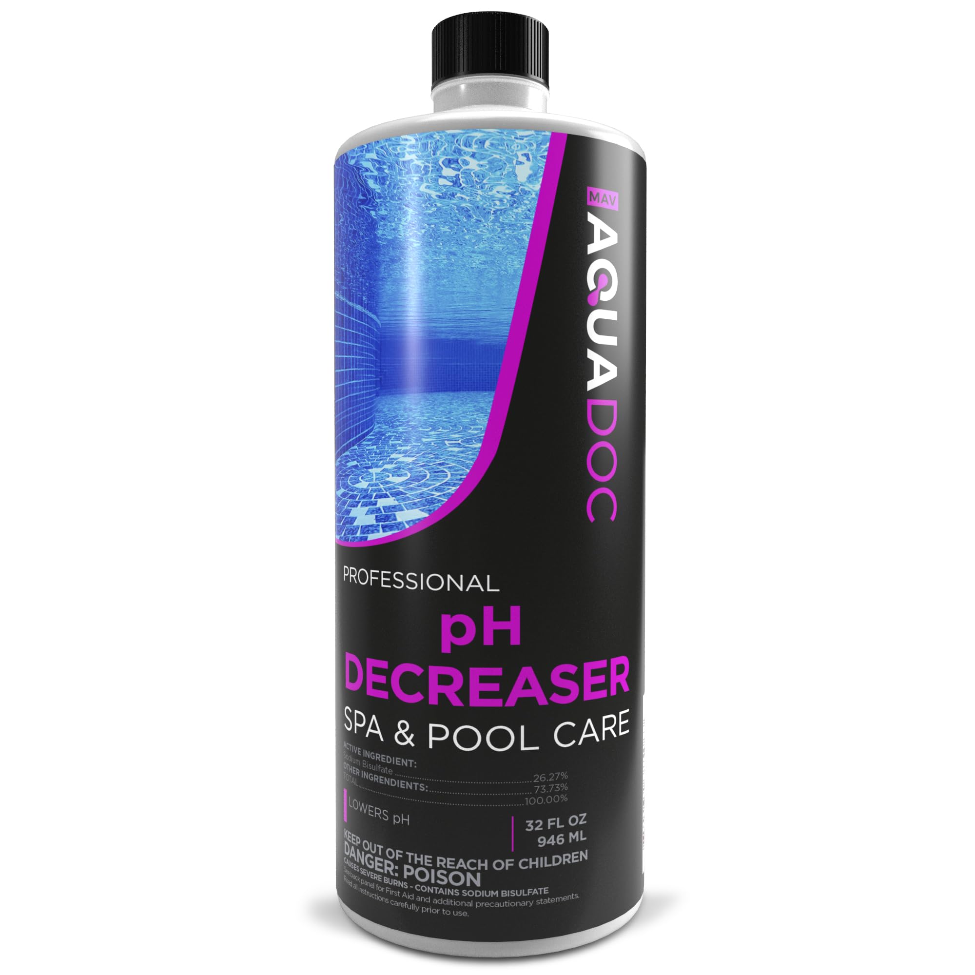 MAV AquaDoc envase frontal mostrando presentación 32 oz y fácil almacenamiento