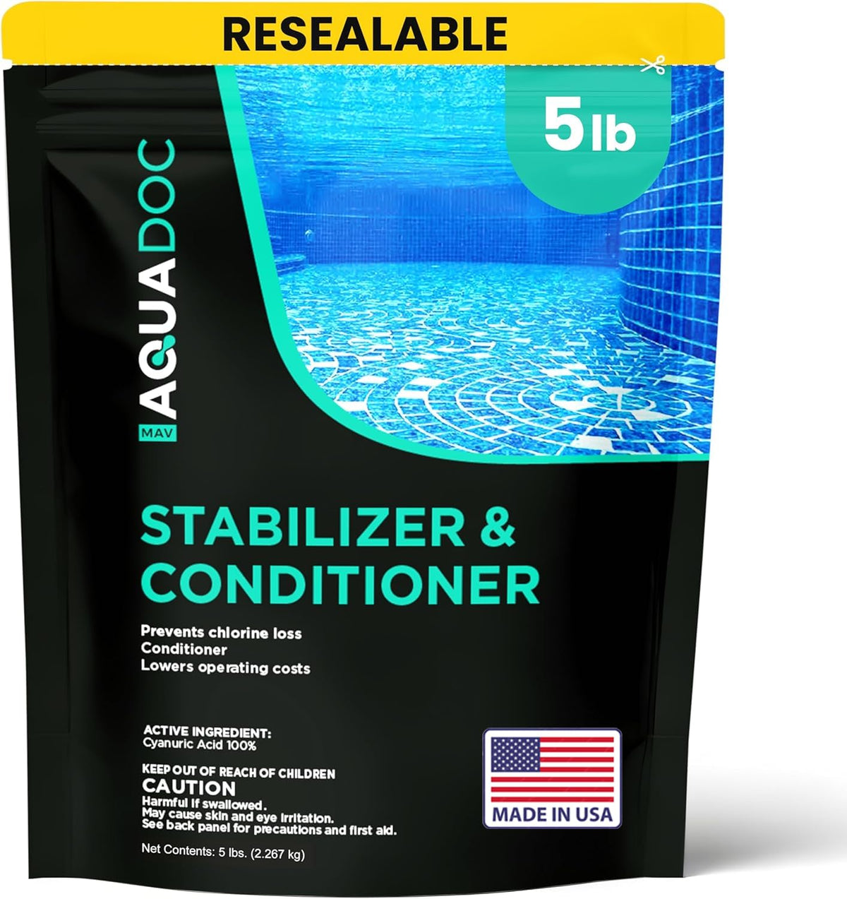 MAV AquaDoc lata frontal mostrando la marca y formato de 5 lb, mejora la duración del cloro