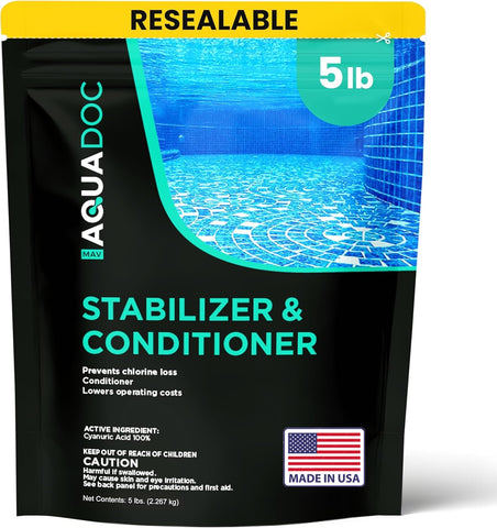 MAV AquaDoc lata frontal mostrando la marca y formato de 5 lb, mejora la duración del cloro