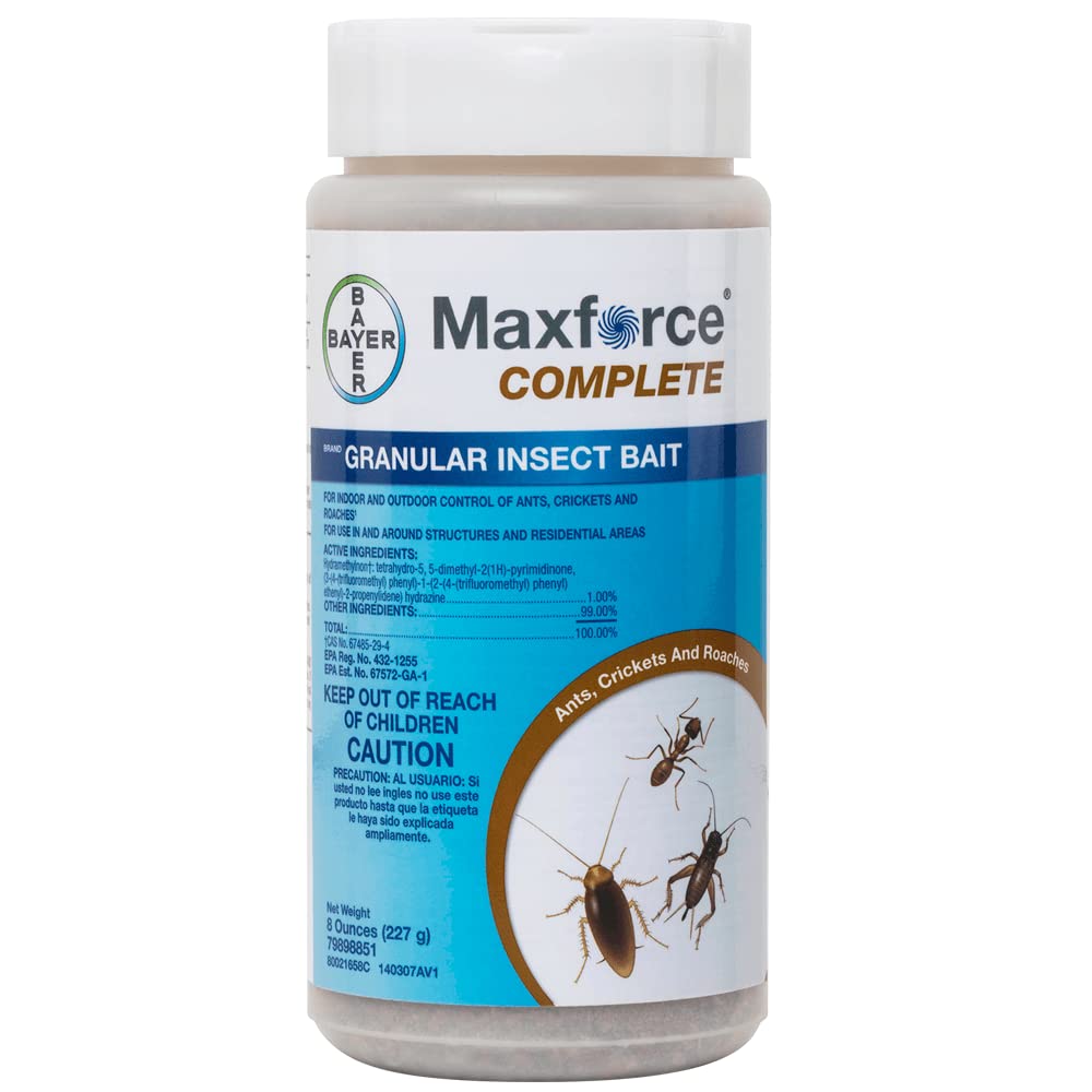 Maxforce Complete Granular Insect Bait paquete frontal mostrando etiqueta y tamaño 8 oz, solución dirigida