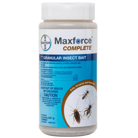 Maxforce Complete Granular Insect Bait paquete frontal mostrando etiqueta y tamaño 8 oz, solución dirigida
