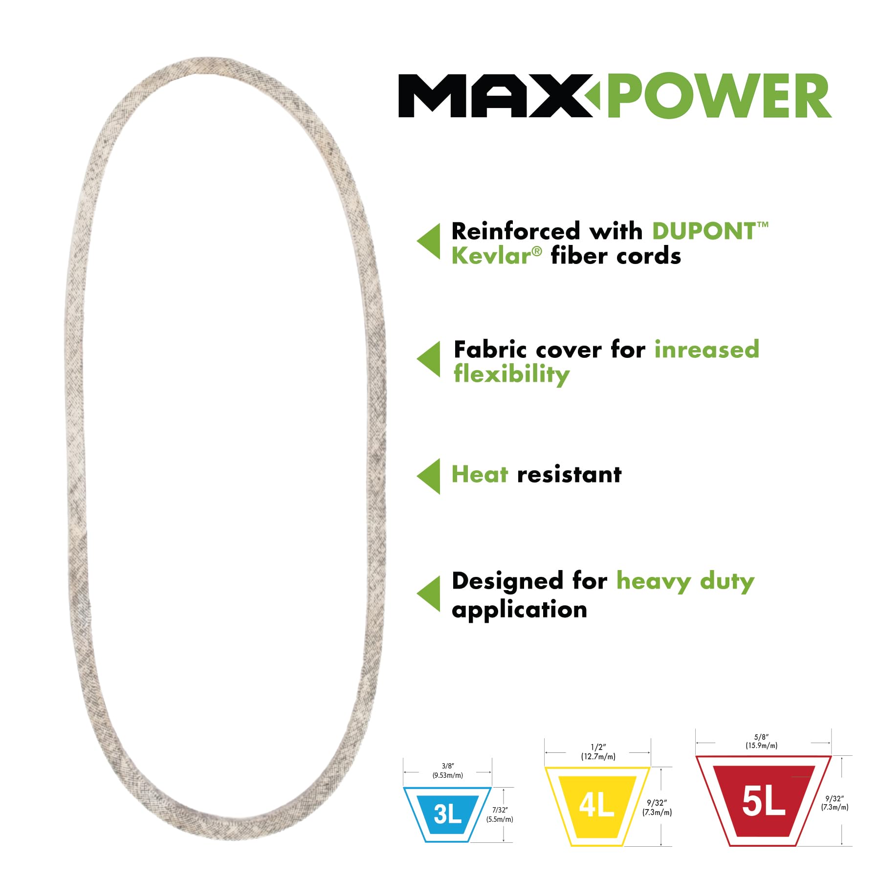 Maxpower correa instalada en cortacésped demostrando ajuste seguro y rendimiento