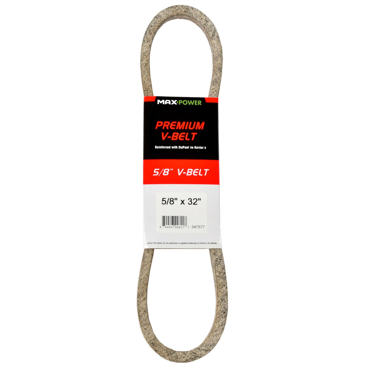 Maxpower correa V frontal del empaque que muestra la medida y durabilidad