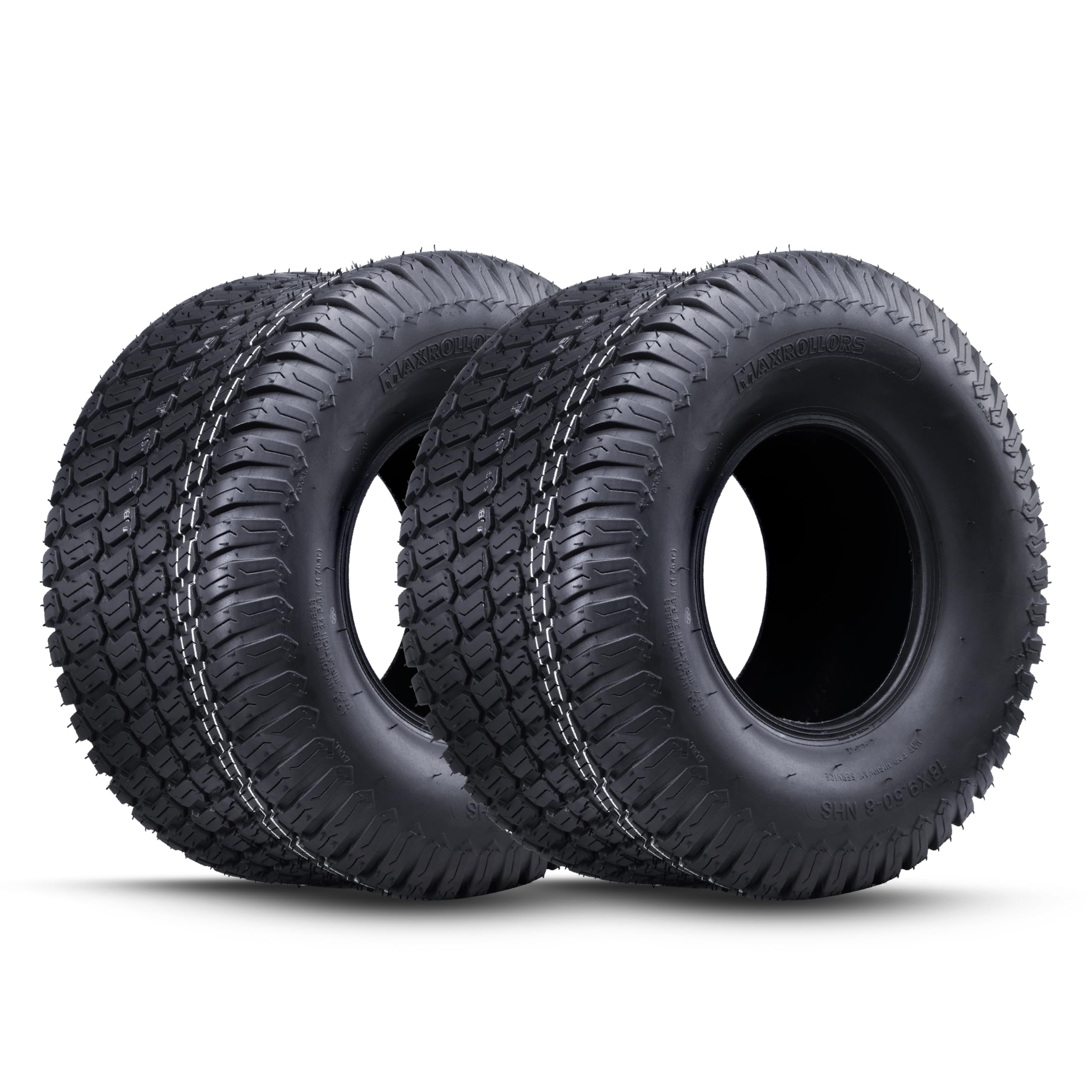 MAXROLLORS neumático frontal 18x9.50-8 mostrando perfil y beneficios de apoyo