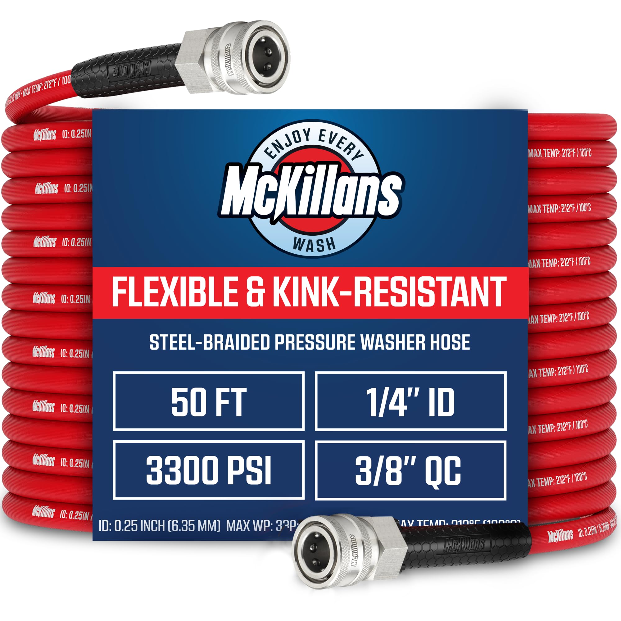 McKillans frontal del paquete mostrando manguera y largo 50 ft, ventaja alcance
