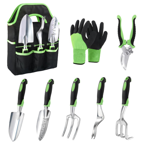 MECHEER set frontal de herramientas verdes mostrando todas las piezas y la bolsa, ideal para organizar