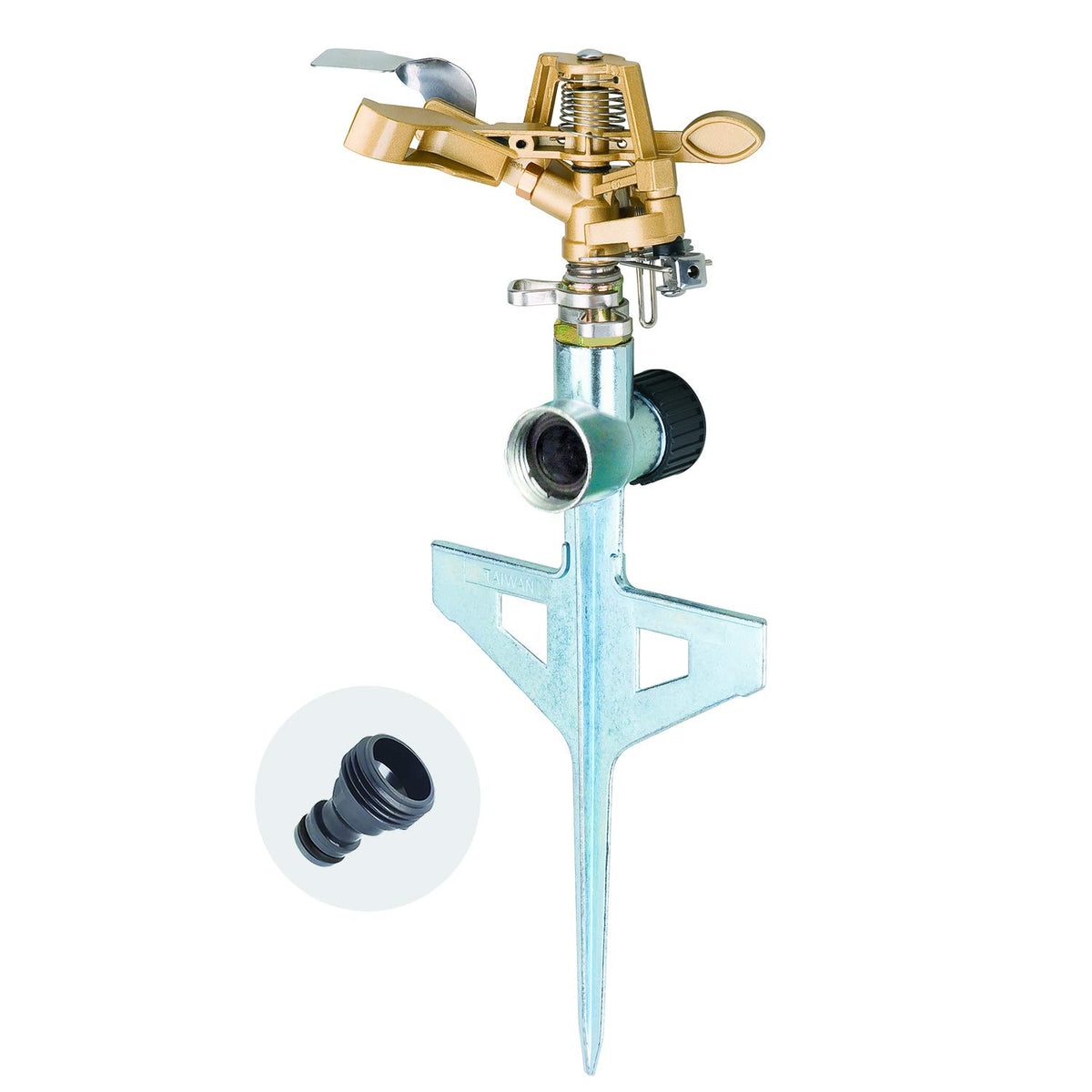 Melnor aspersor frontal mostrando adaptador QuickConnect para conexión rápida
