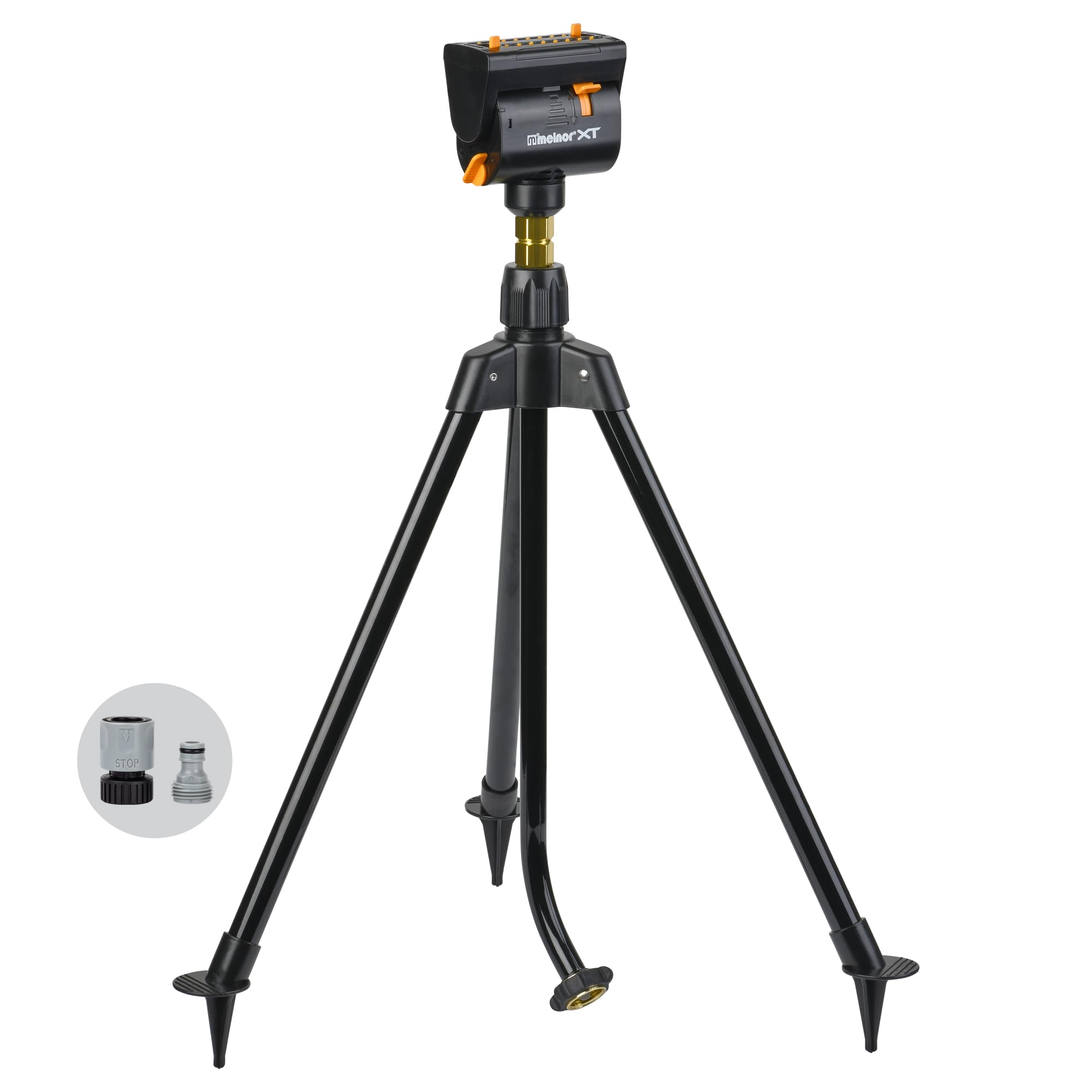 Melnor MiniMax Turbo frontal en trípode mostrando cobertura y estabilidad
