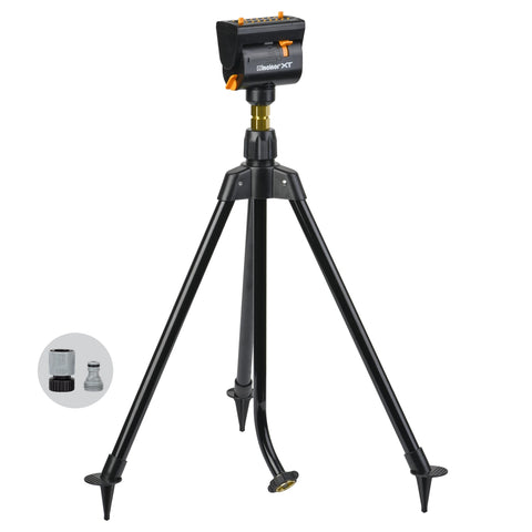 Melnor MiniMax Turbo frontal en trípode mostrando cobertura y estabilidad