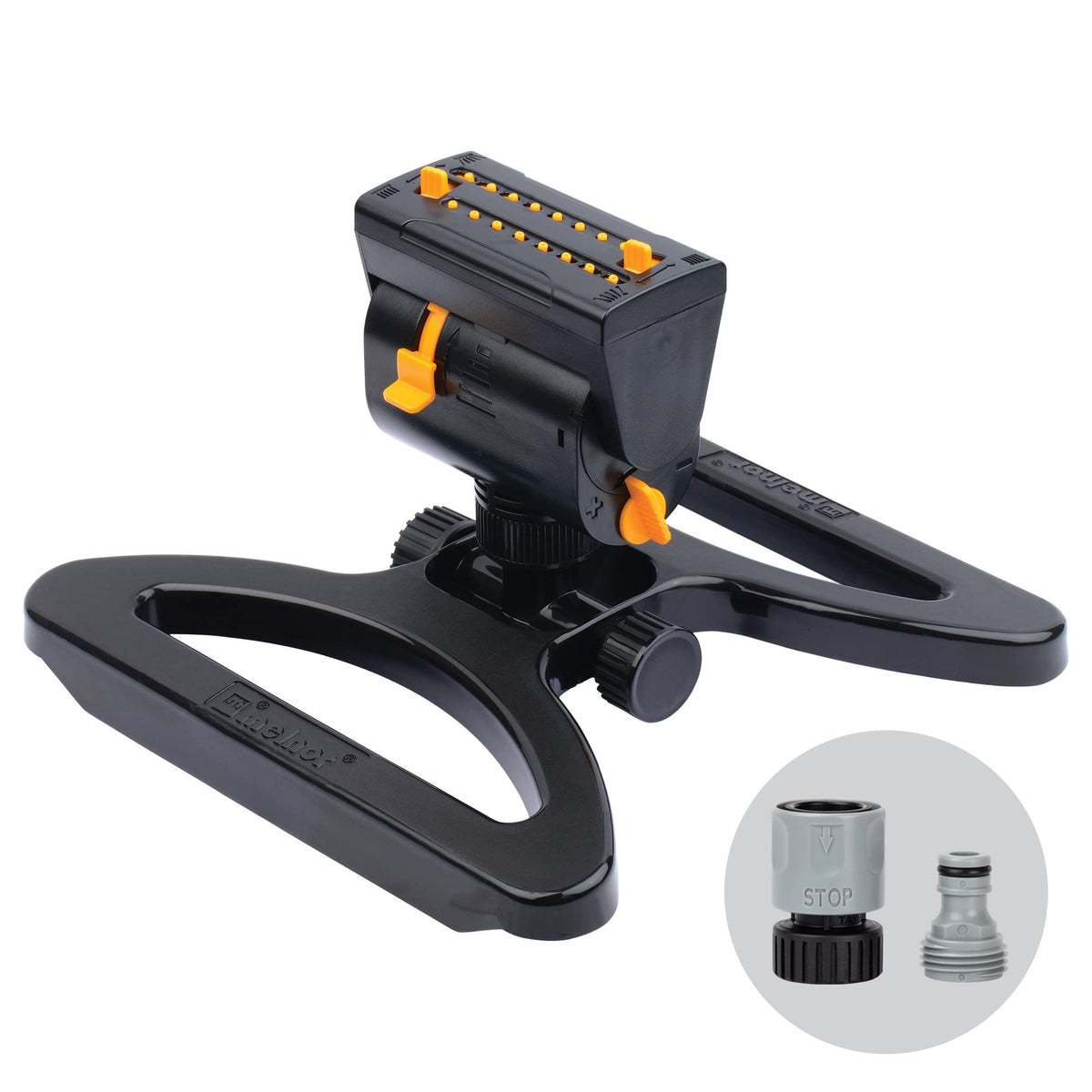 Melnor MiniMax Turbo frontal mostrando diseño compacto y beneficios de cobertura