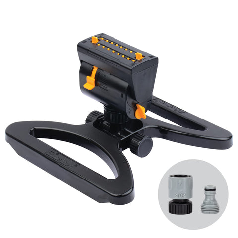 Melnor MiniMax Turbo frontal mostrando diseño compacto y beneficios de cobertura