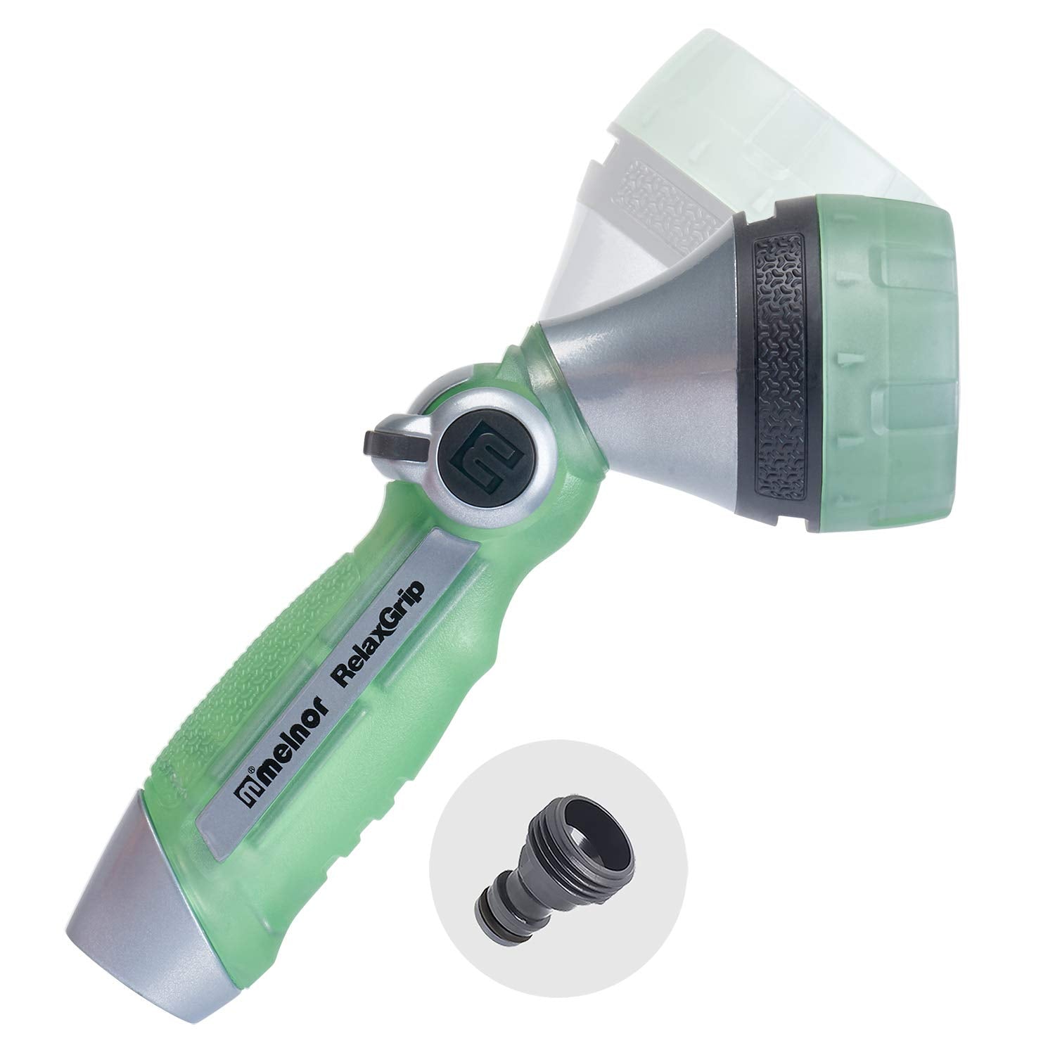 Melnor boquilla frontal mostrando forma compacta y versatilidad