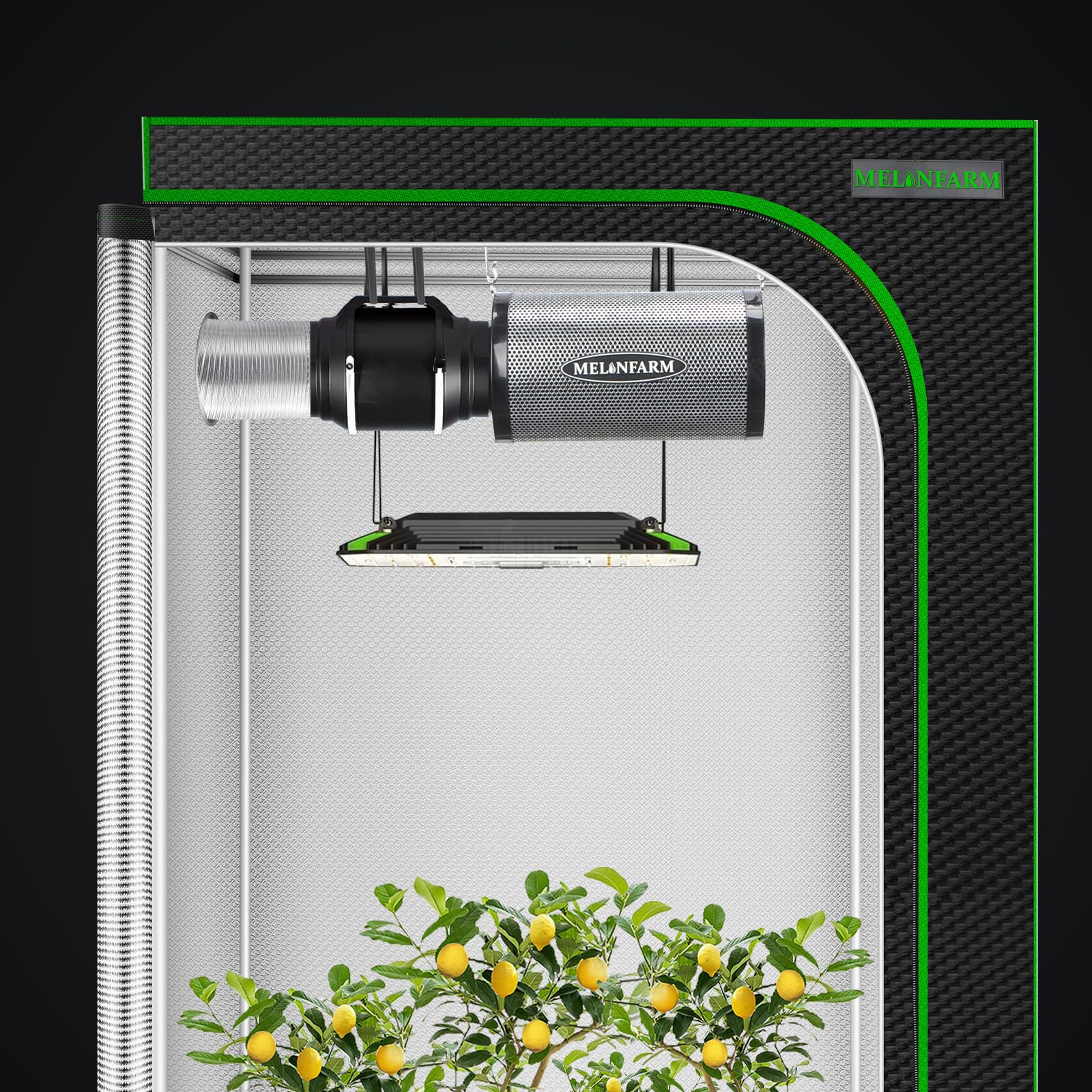 MELONFARM filtro instalado en tienda de cultivo reduciendo olores en espacio cerrado