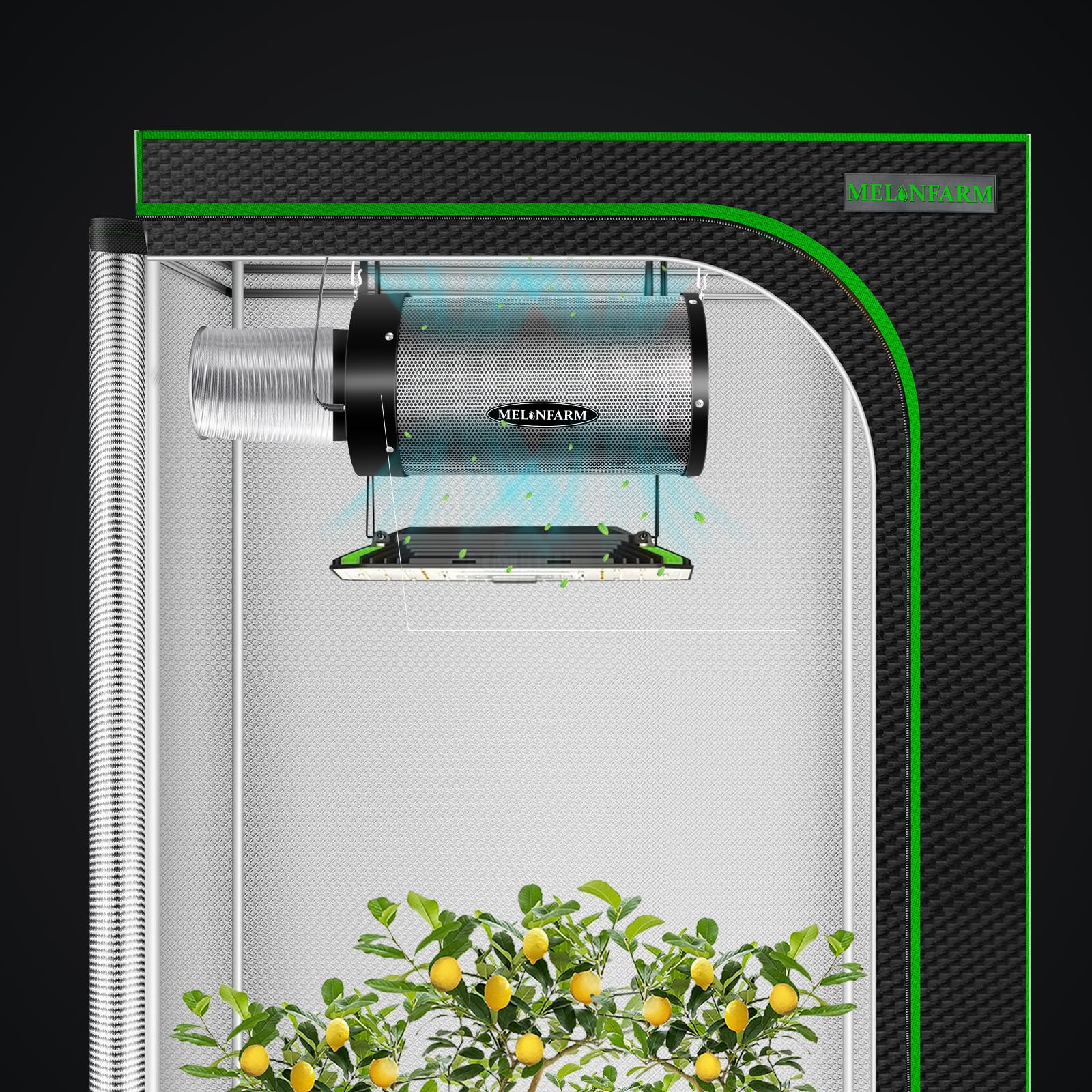 MELONFARM instalado en grow tent controlando olores y renovando aire