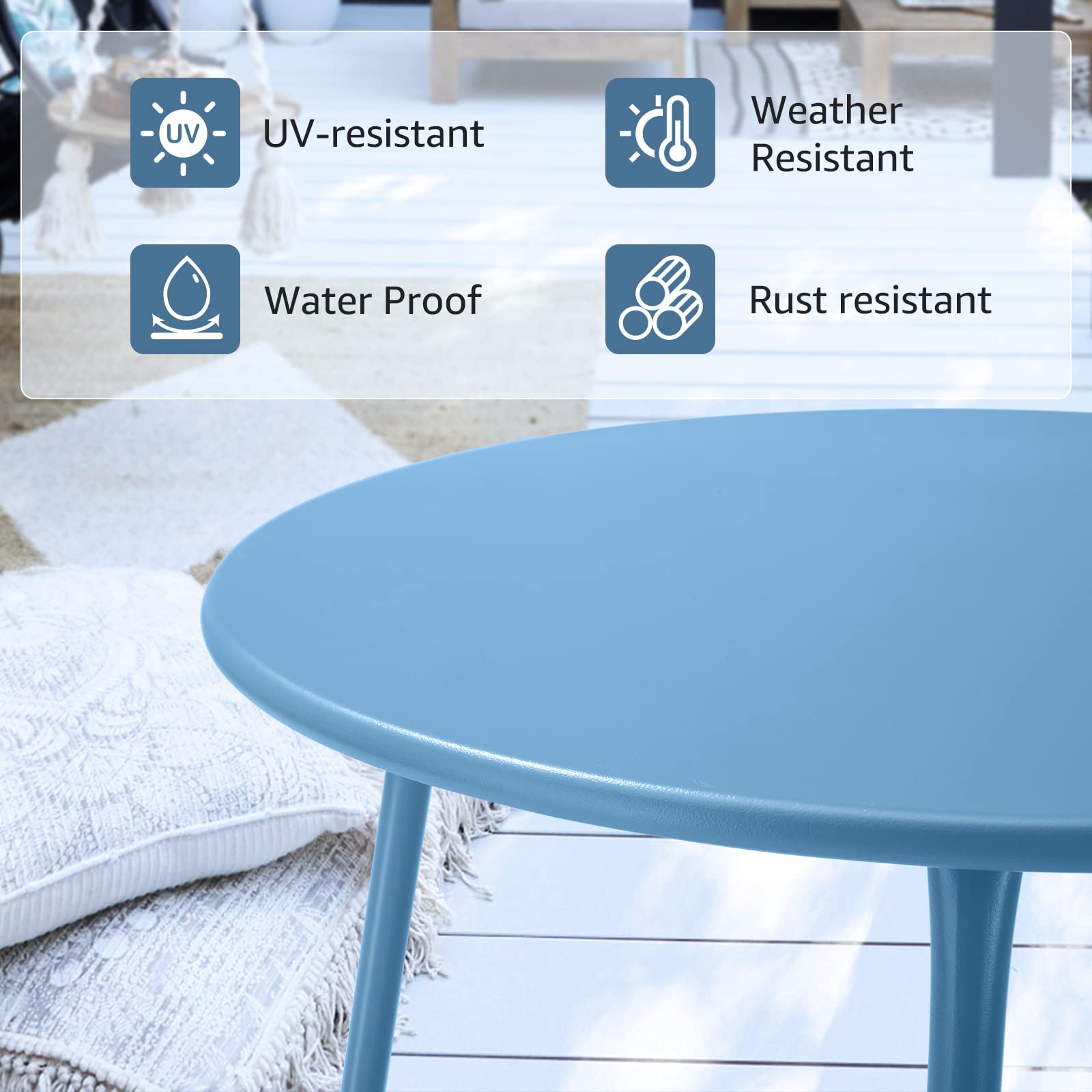 Meluvici mesa auxiliar en balcón ilustrando uso exterior y estética