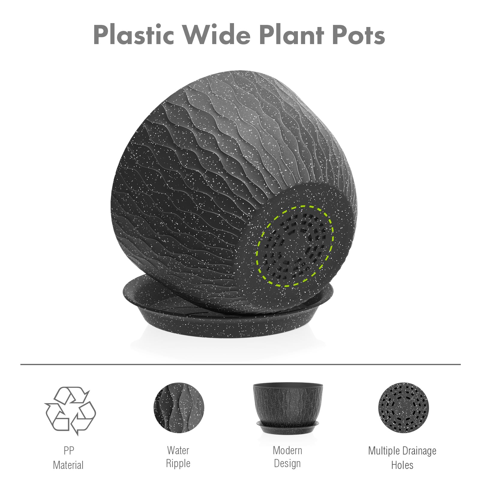 Meowell comparación de tamaños 12,10,9 pulg mostrando escala para plantas