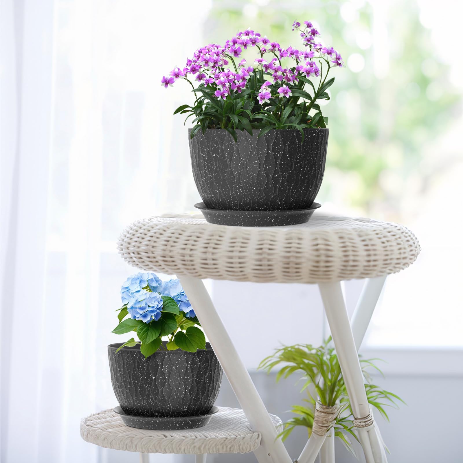 Meowell maceta en salón con planta decorativa, mejora ambiente interior