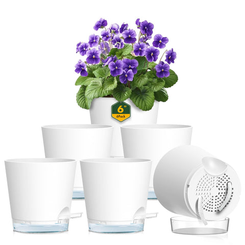 Meowell vista frontal pack de 6 macetas blancas con depósito visible y elegante