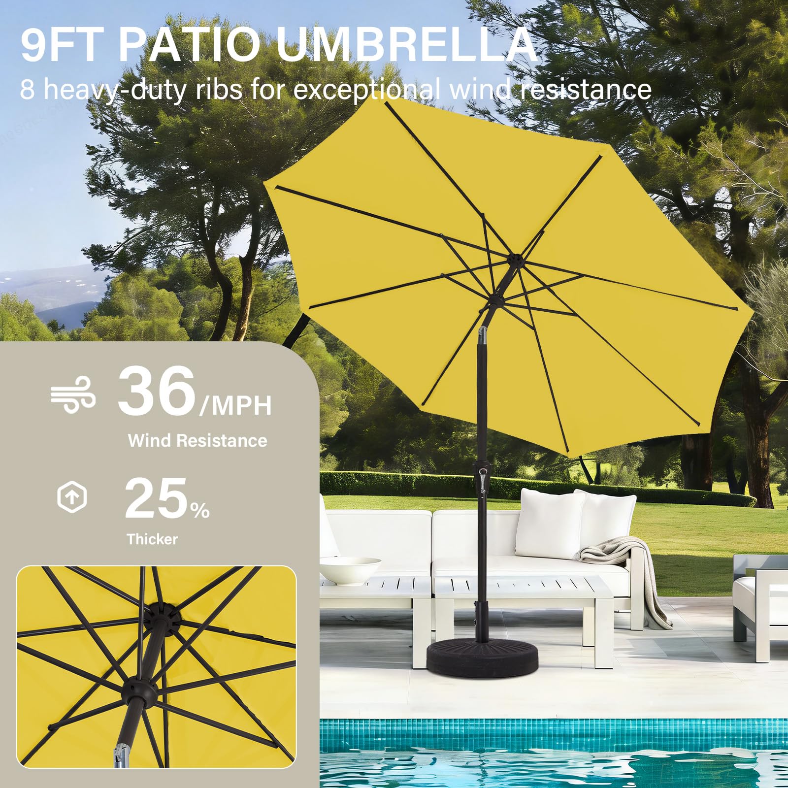 MEWAY sombrilla en uso junto a piscina para confort solar