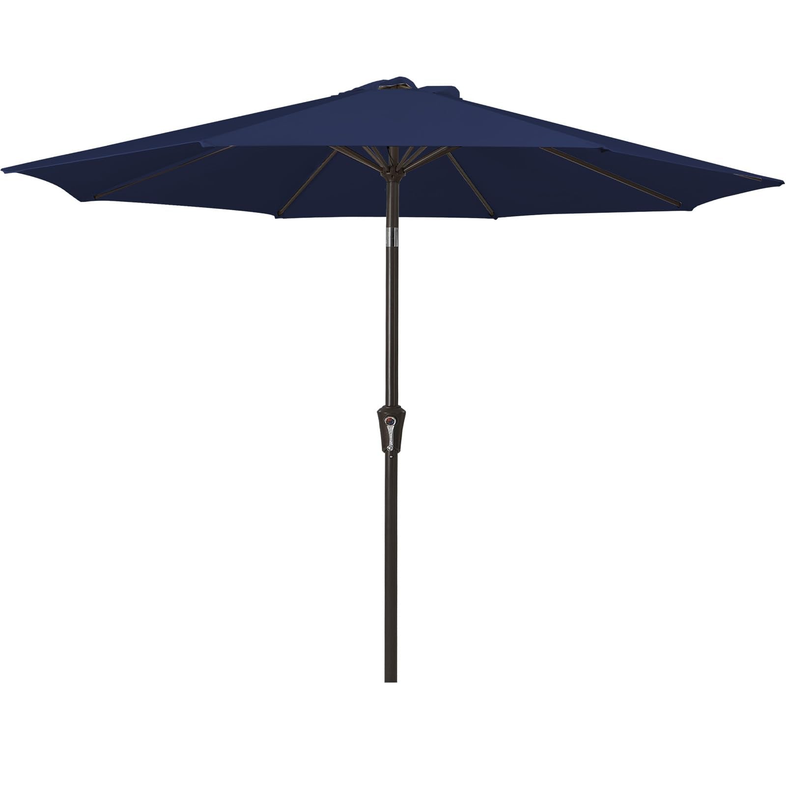 MEWAY vista frontal de sombrilla navy protegiendo mesa y ofreciendo sombra amplia