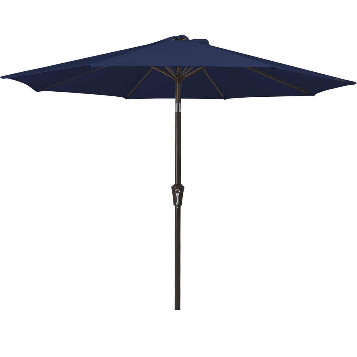 MEWAY vista frontal de sombrilla navy protegiendo mesa y ofreciendo sombra amplia