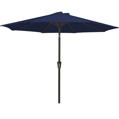 MEWAY vista frontal de sombrilla navy protegiendo mesa y ofreciendo sombra amplia