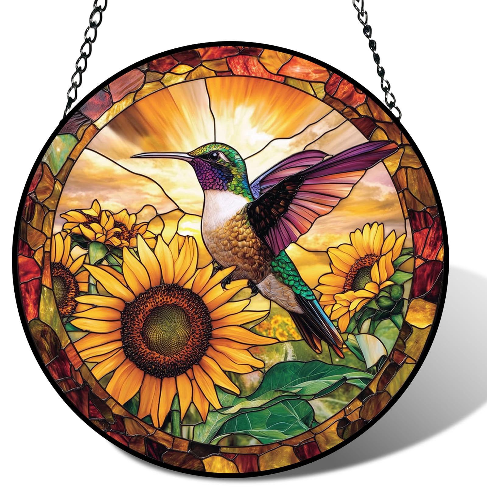 Meyocky colgante frontal mostrando colibrí y girasol, color vibrante