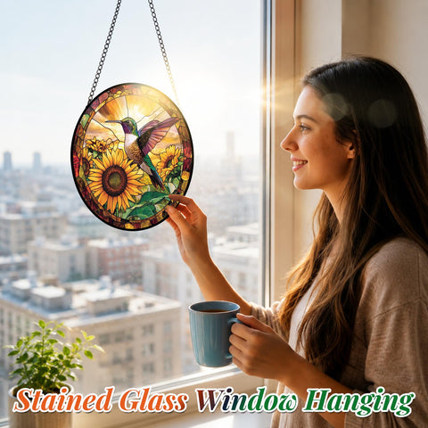 Meyocky colgante en ventana con luz proyectando arcoíris, ambiente cálido