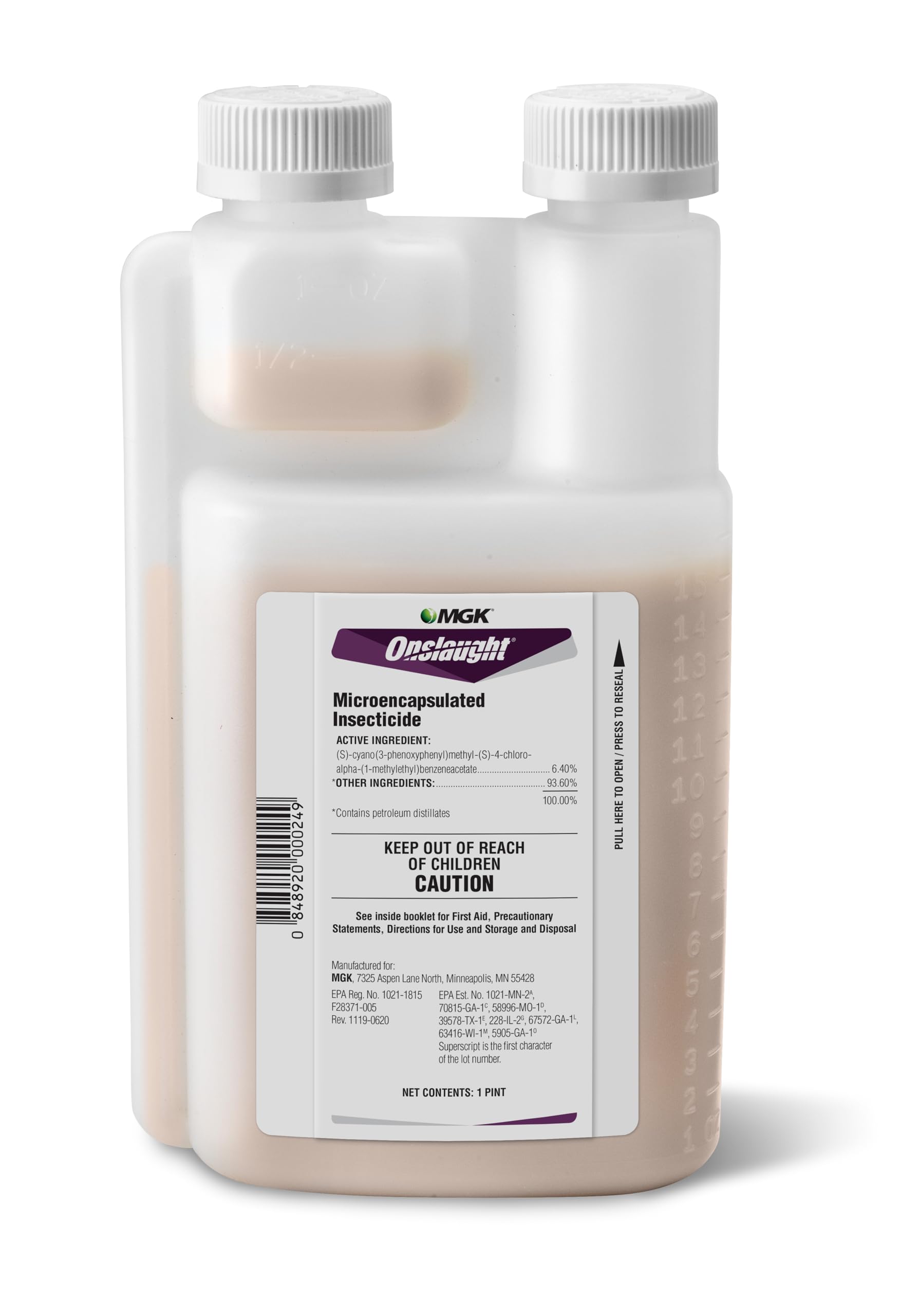 MGK frasco Onslaught frontal mostrando formato 16 oz para control duradero