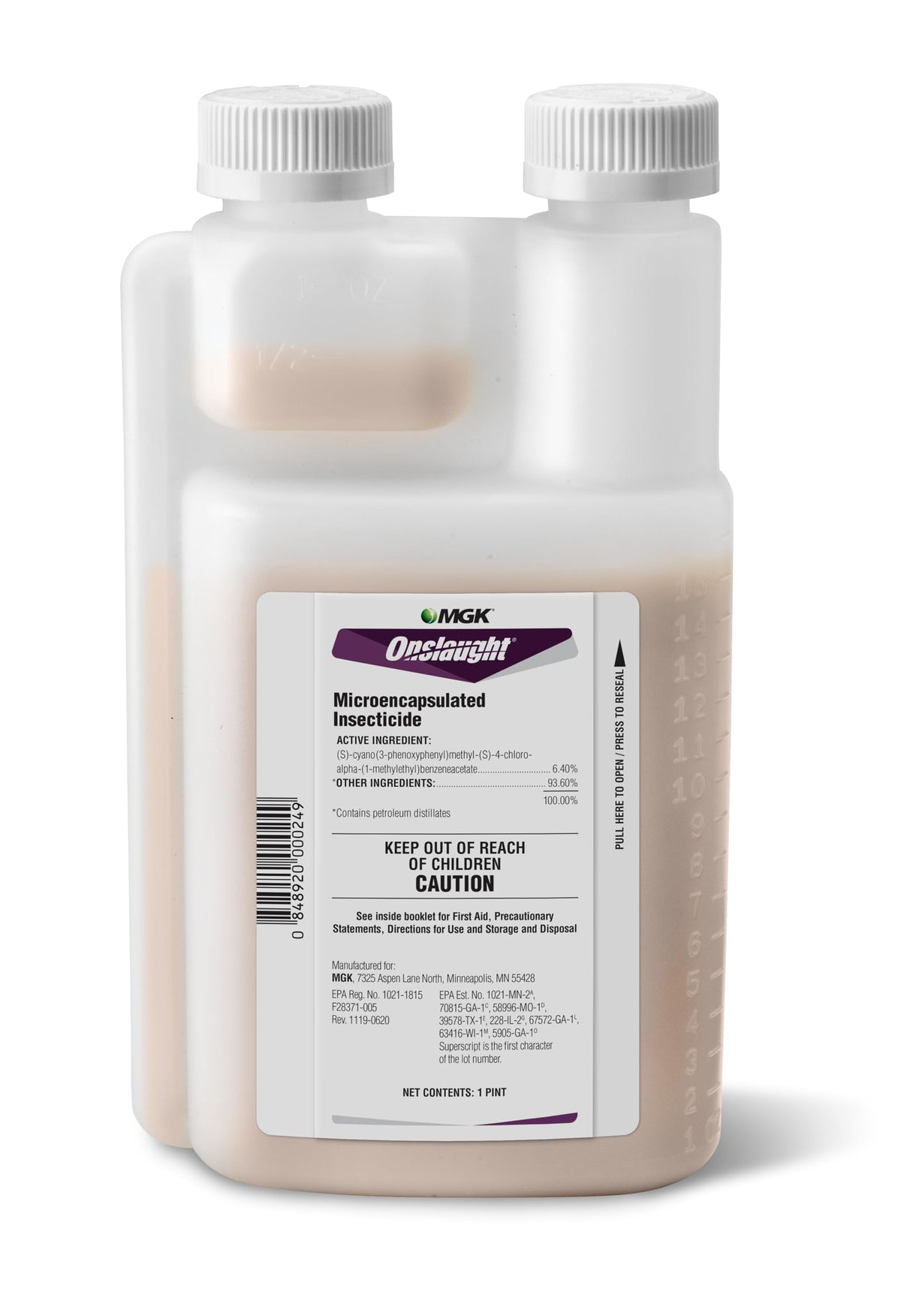 MGK frasco Onslaught frontal mostrando formato 16 oz para control duradero