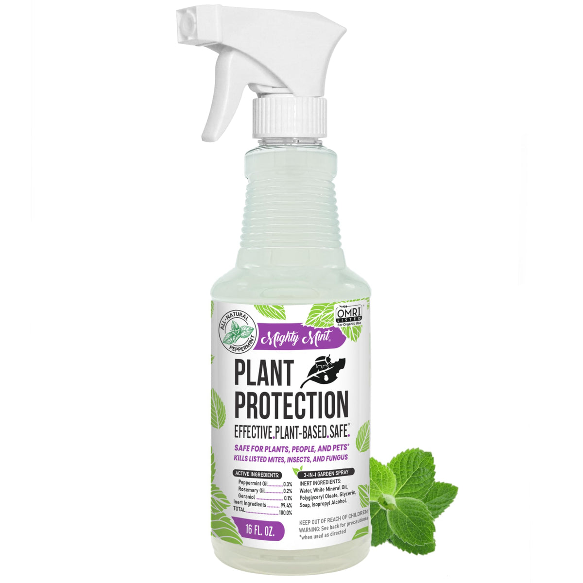 Mighty Mint envase frontal 16 oz mostrando diseño y boquilla de spray, fácil aplicación