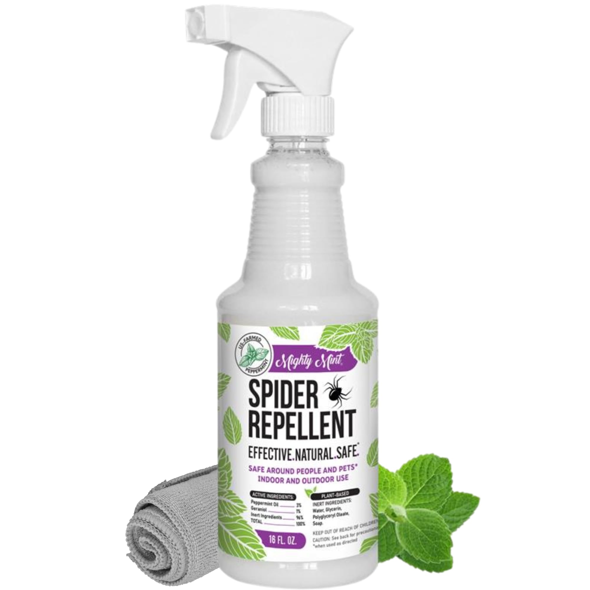 Mighty Mint botella frontal mostrando etiqueta y beneficio repelente natural