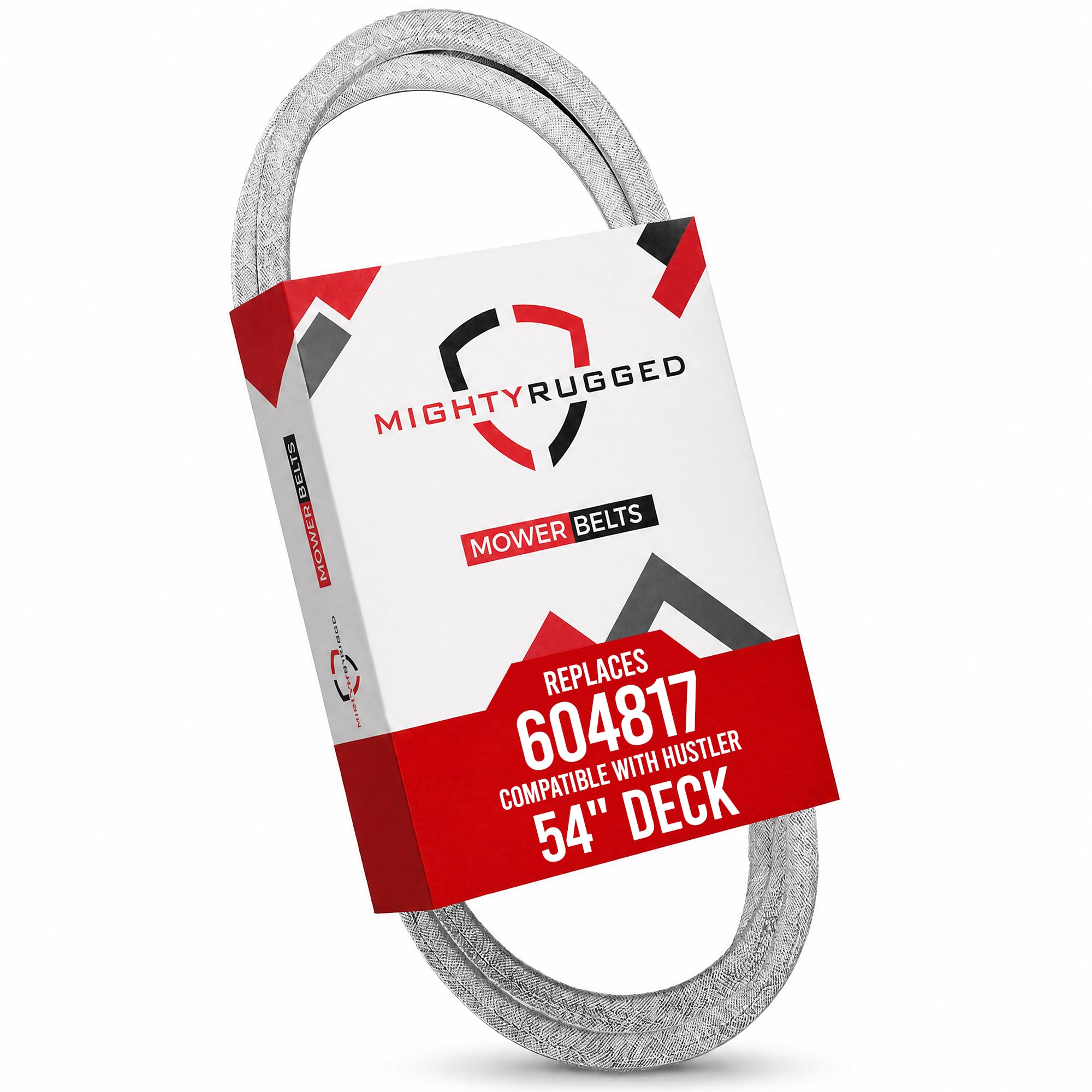 MightyRugged front view of 144 inch Hustler 604817 replacement belt showing label and fitment benefit