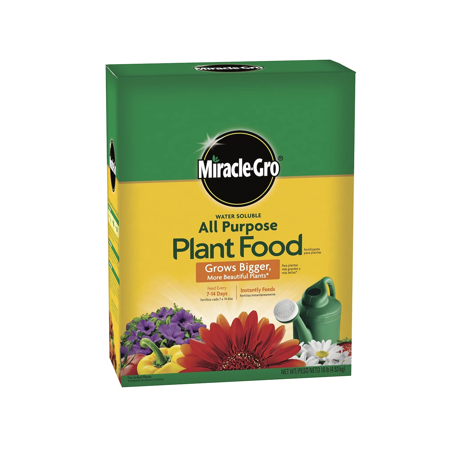 Miracle-Gro frontal del envase mostrando 10 lb y beneficios