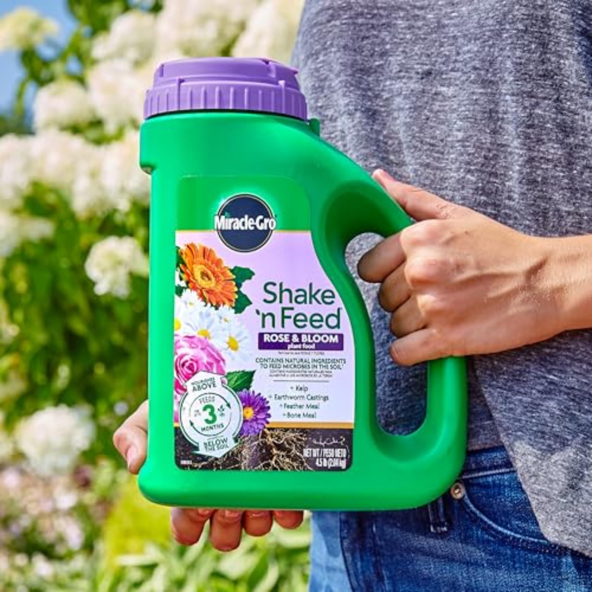 Miracle-Gro aplicación en maceta destacando facilidad y mejores flores