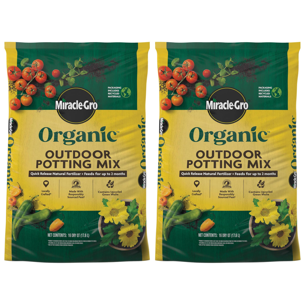 Miracle-Gro bolsa frente que muestra producto listo para macetas