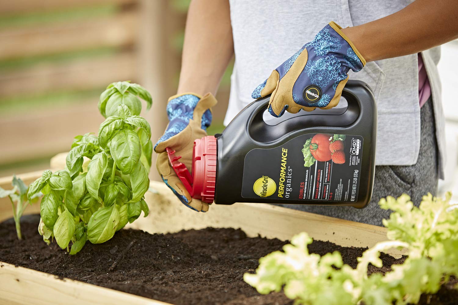 Miracle-Gro etiqueta con instrucciones y lista de ingredientes orgánicos