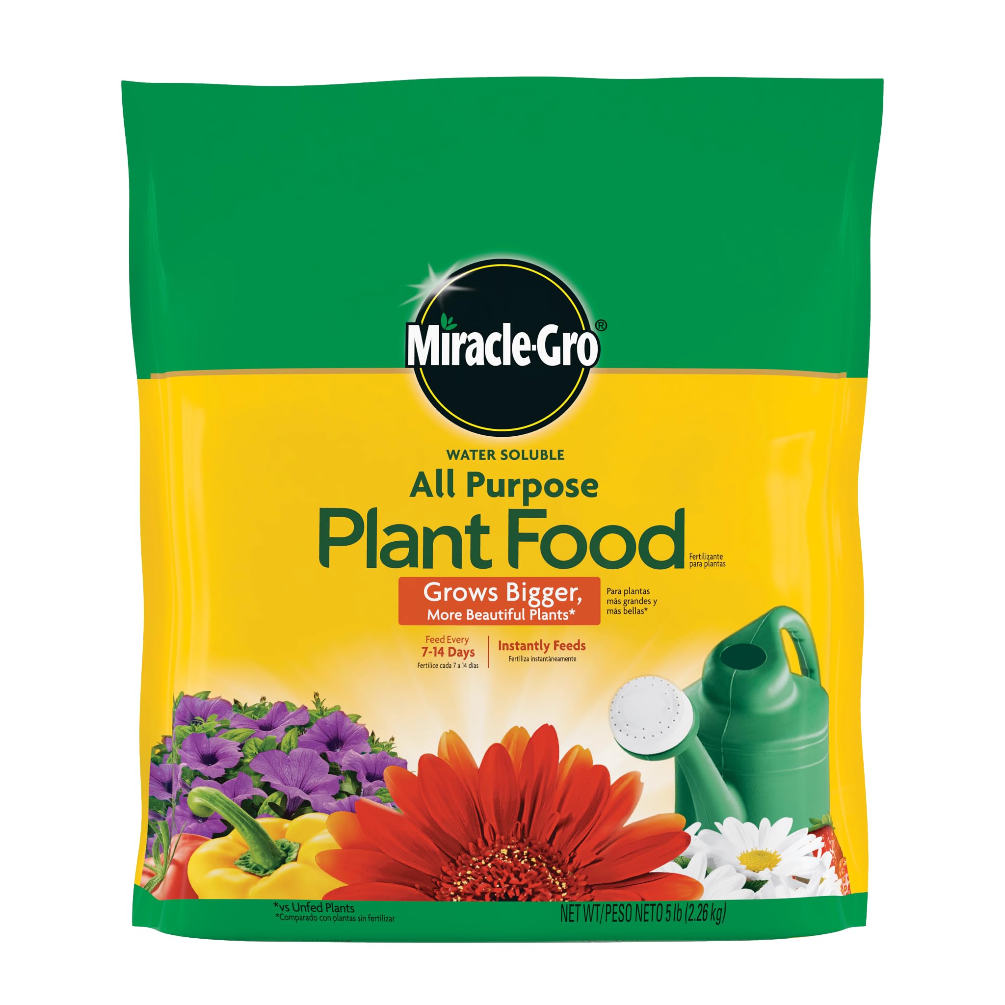 Miracle-Gro frente de la bolsa 5 lb mostrando el empaque y beneficio nutricional