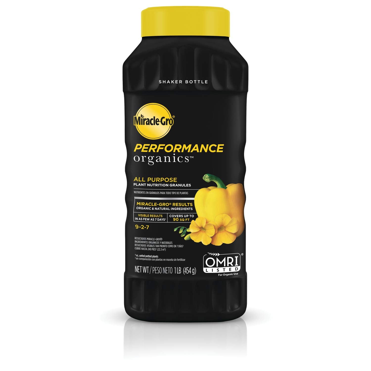Miracle-Gro botella frontal mostrando el envase y fácil aplicación