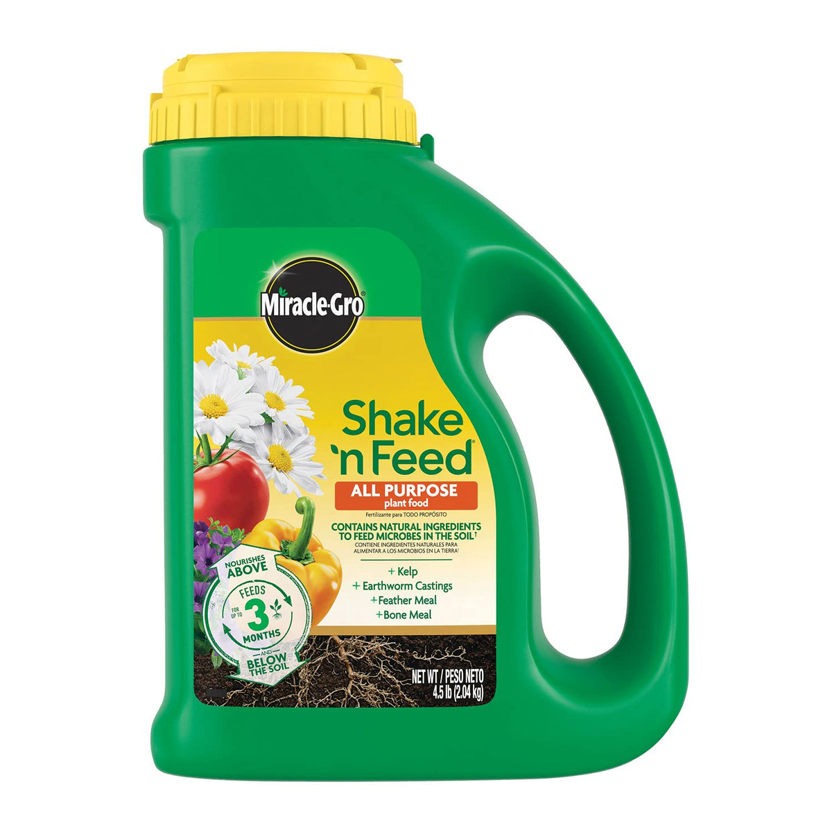 Miracle-Gro empaque frontal mostrando producto y beneficio de nutrición prolongada