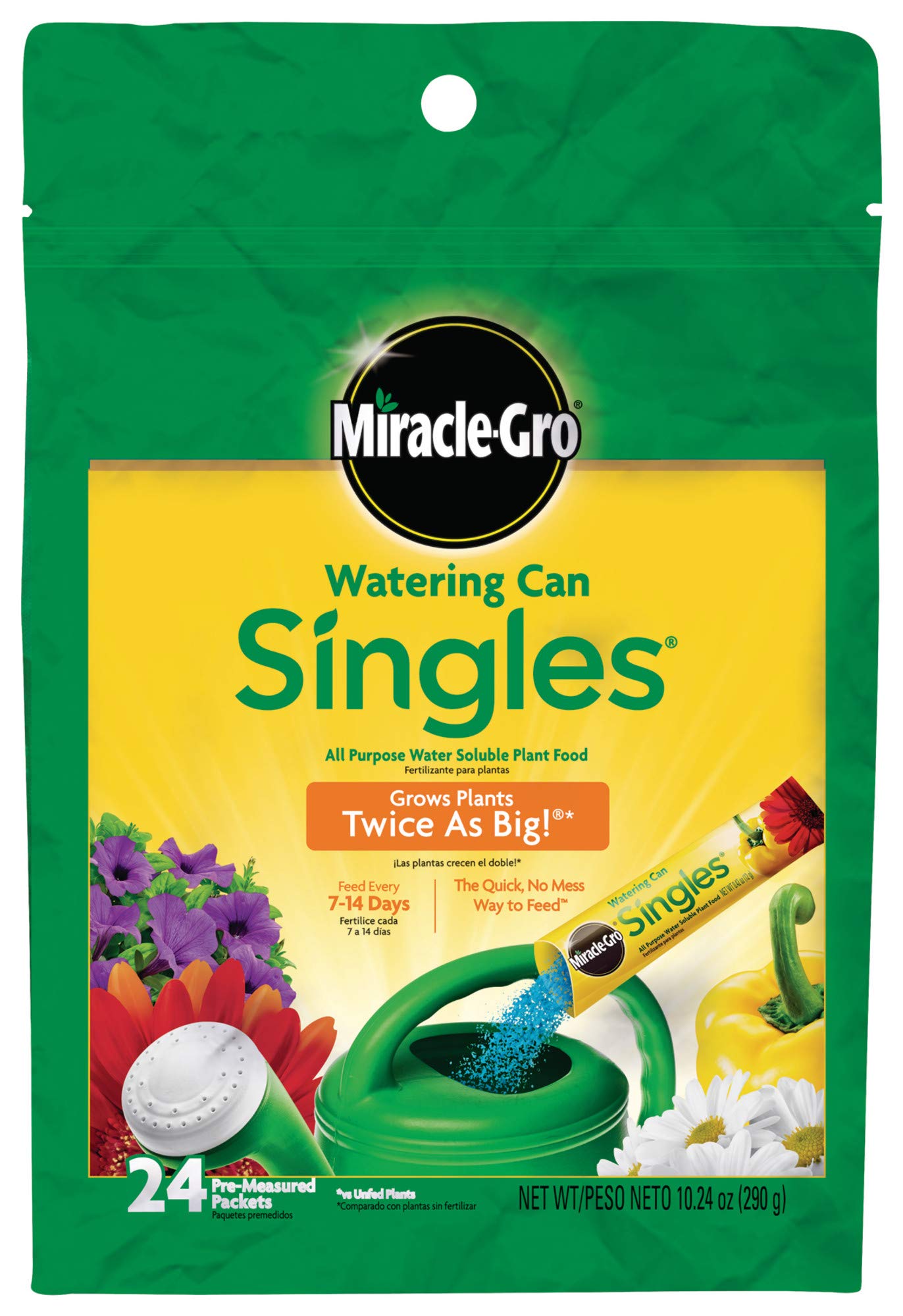 Miracle-Gro empaque frontal mostrando 24 sobres y beneficios de uso rápido