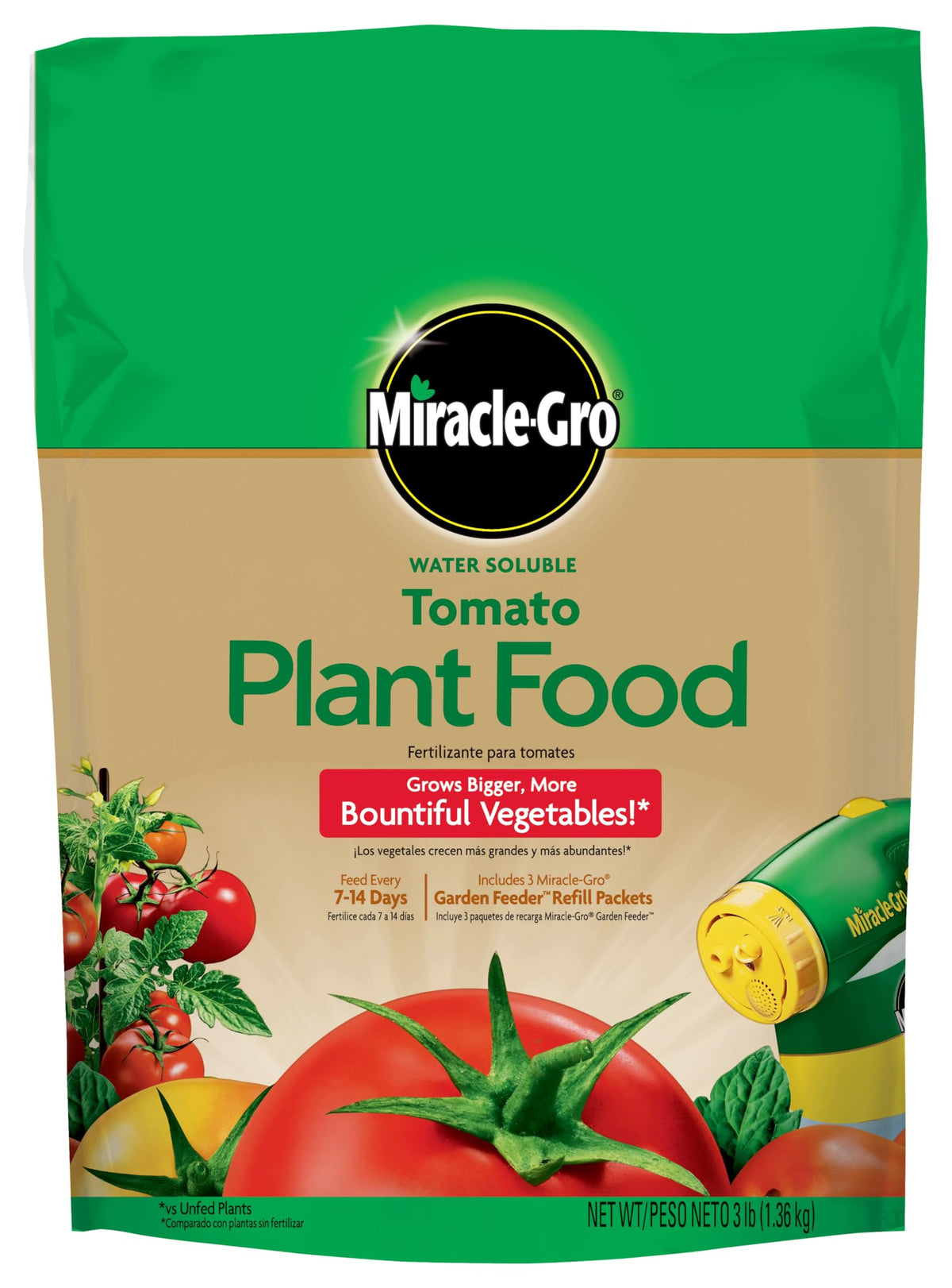 Miracle-Gro frente del empaque mostrando presentación 3 lb y beneficio de rendimiento