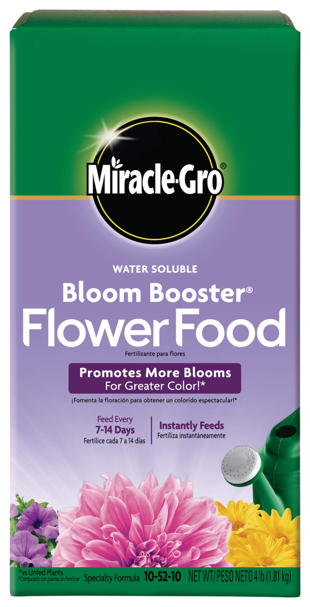 Miracle-Gro frente del empaque mostrando recipiente y peso, facilita almacenamiento