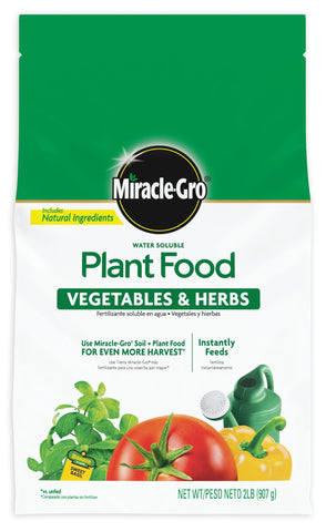Miracle-Gro frente del empaque mostrando 2 lb y uso para verduras