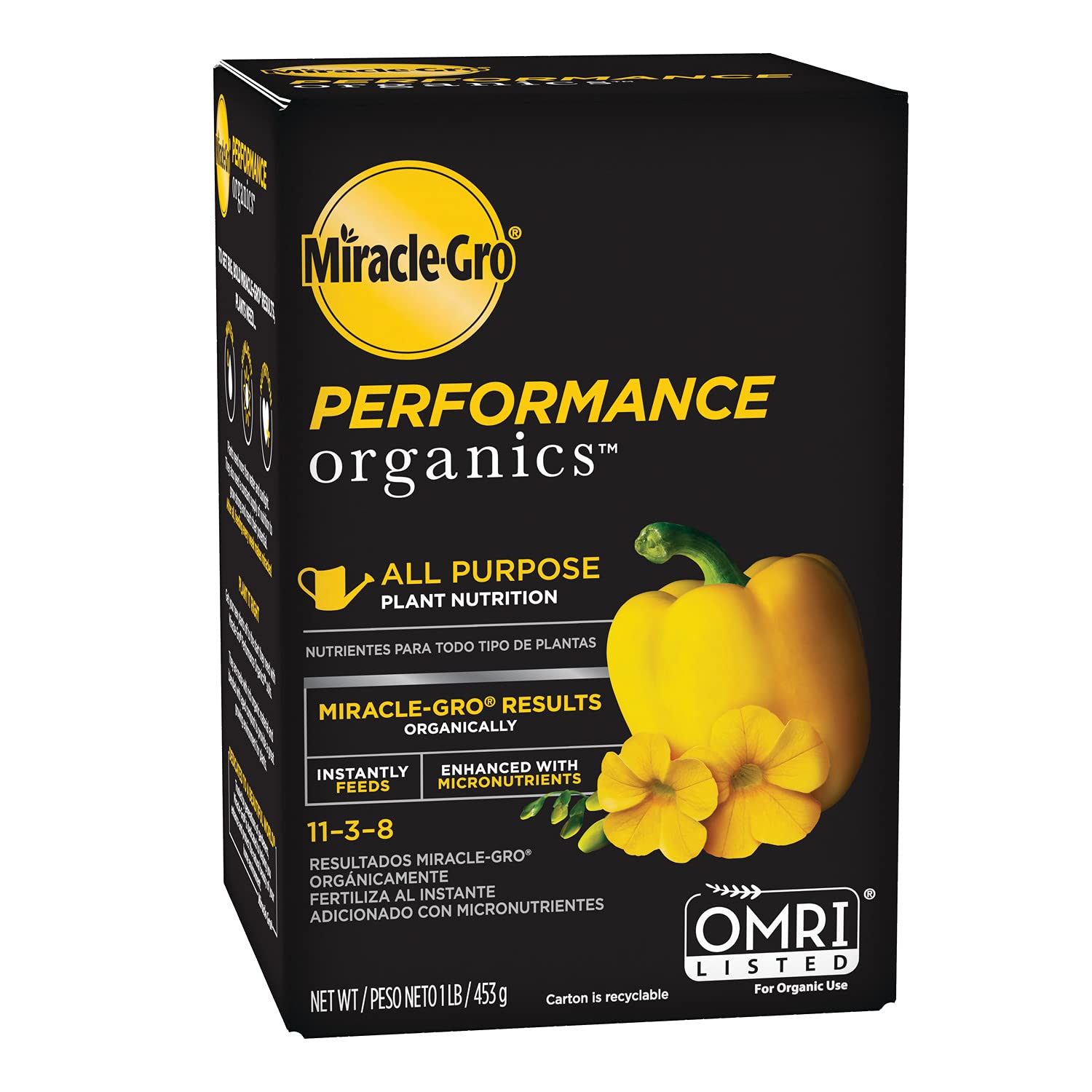 Miracle-Gro frente del envase mostrando presentación de 1 lb y beneficios